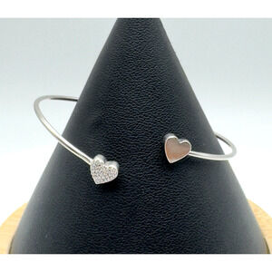 Sterling Silver Diamond Pave Heart Bracelet Wire Bangle Dainty 6.25-6.5"